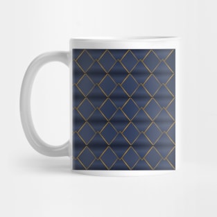 Golden triangular pattern on navy blue background filling the frame. Mug